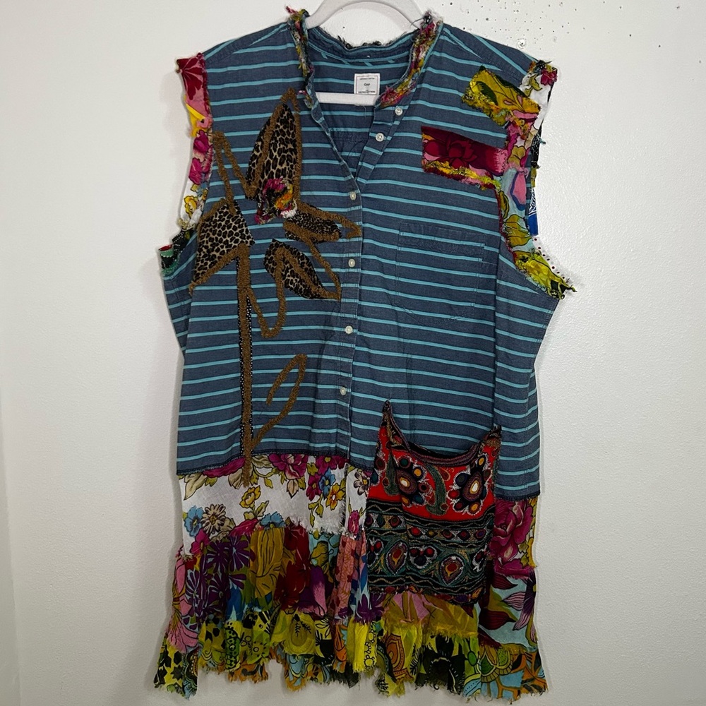Gap Striped Button Down Patchwork Funky Patterned… - image 1